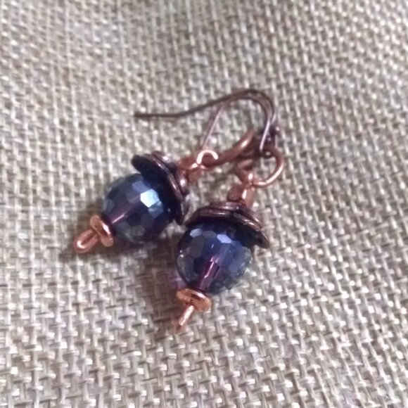 Short Shimmering Bling Boho Glam Drop Earrings - Copper w Purple Hues + Flashes - Picture 1 of 8